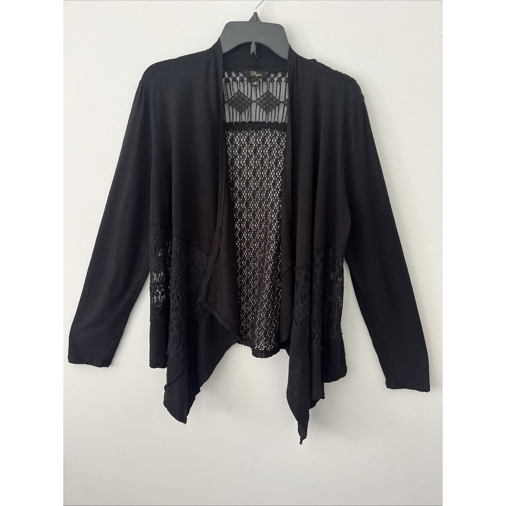Women's Linen Open Knit Cardigan LG Black Whimsigoth 90's Grunge Witchy Boho